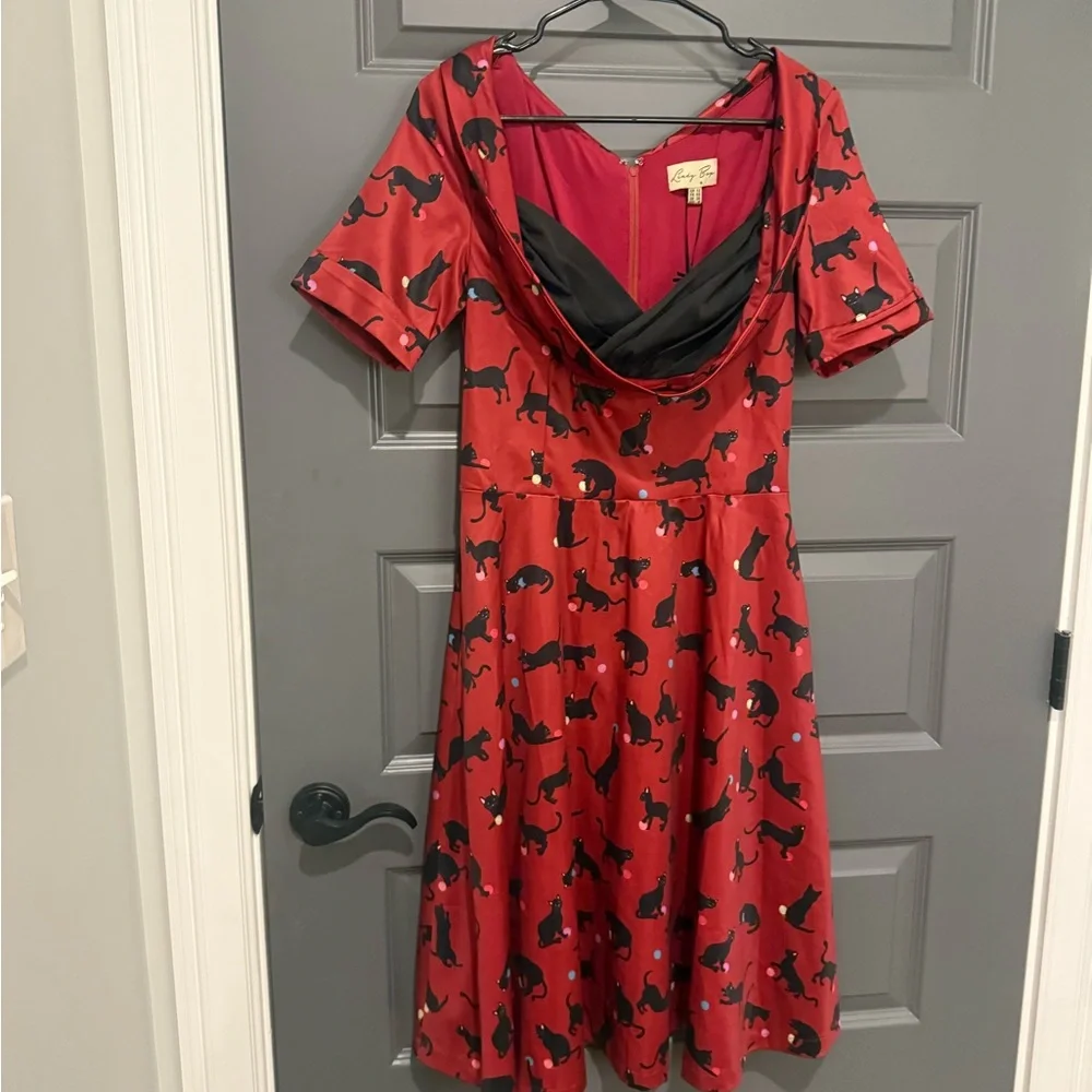 NWT Lindy Bop Red and Black Cat Print Dress - Picture 2 of 7